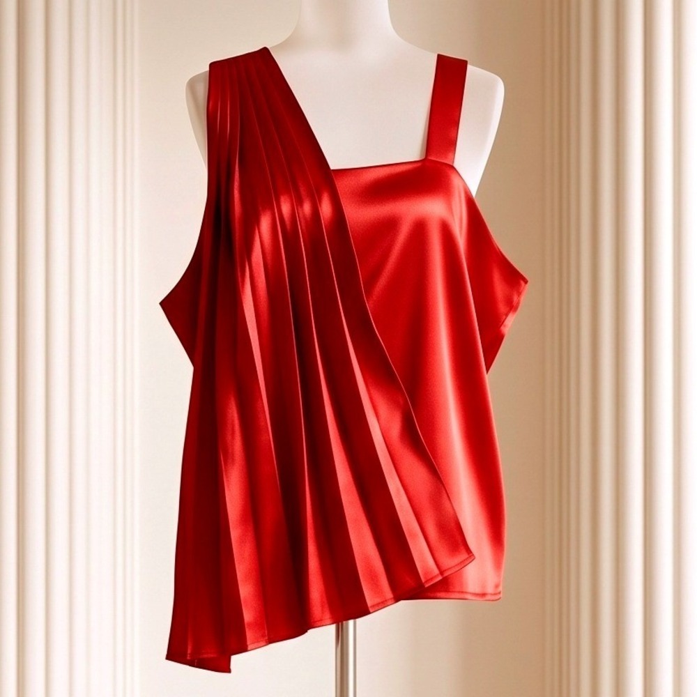 Ashley‎ Stewart 24 Red Satin Pleated One Shoulder Top Plus Size 24 Elegant NWT
